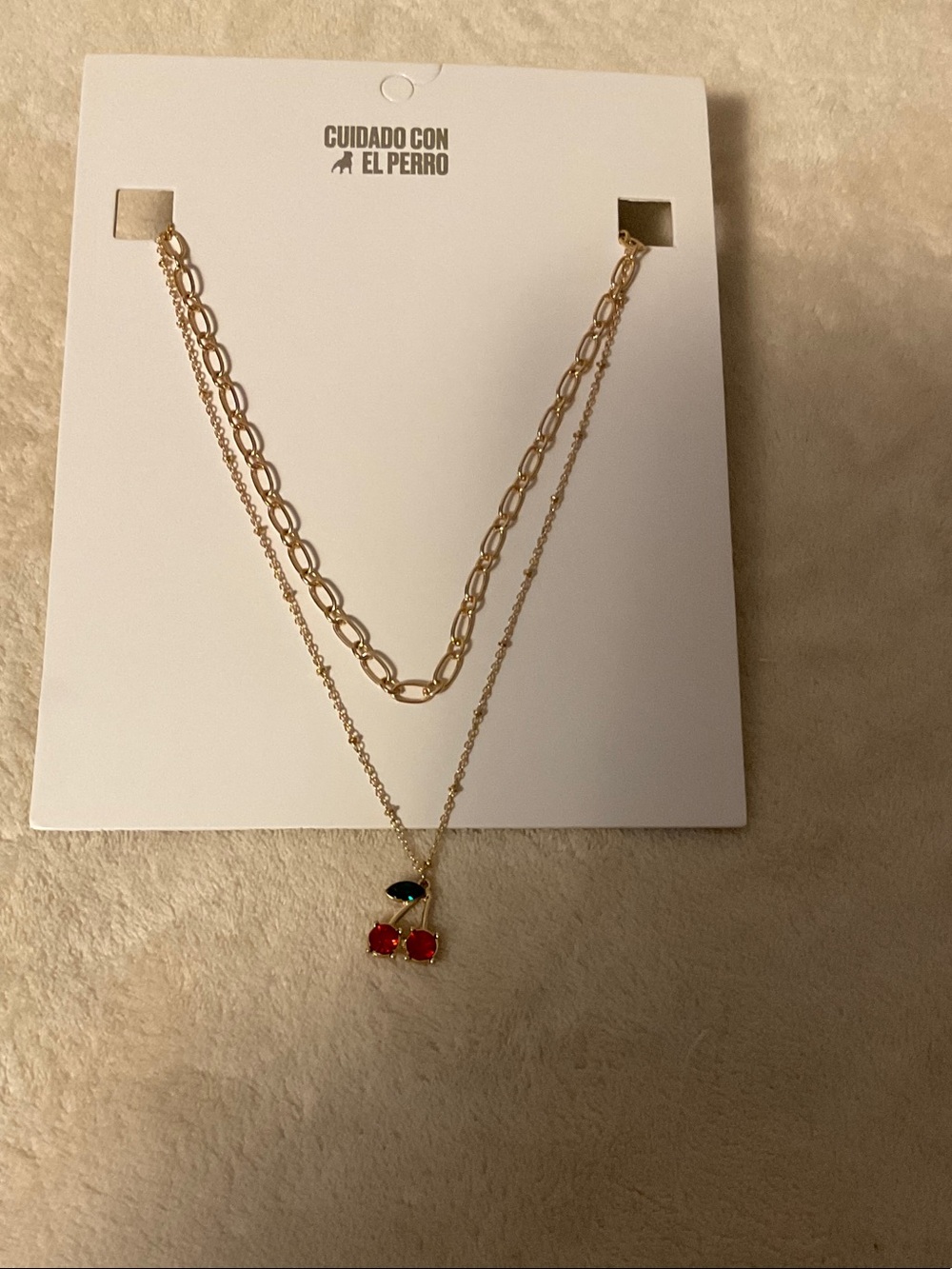 Gold Layered Necklace with Red Cherry Pendant